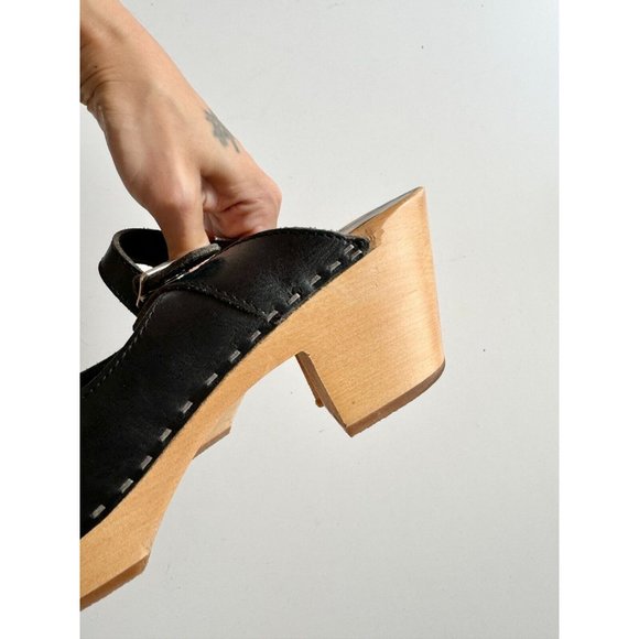 SWEDISH HASBEENS Black Leather Mary Jane Clog Sandals Mules Pumps, Size 37 - Picture 8 of 14